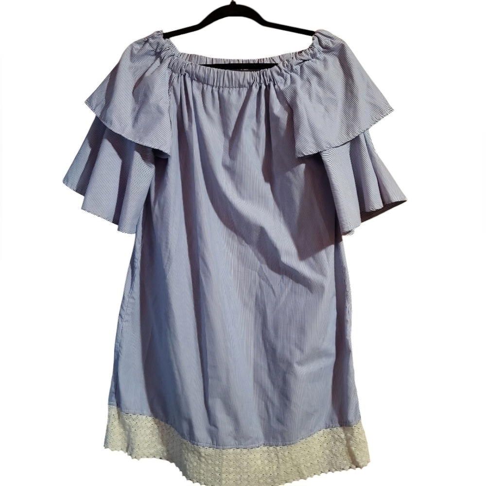 Song of Style Off Shoulder Ruffled Sleeve Blue Striped Cotton Dress Size Large